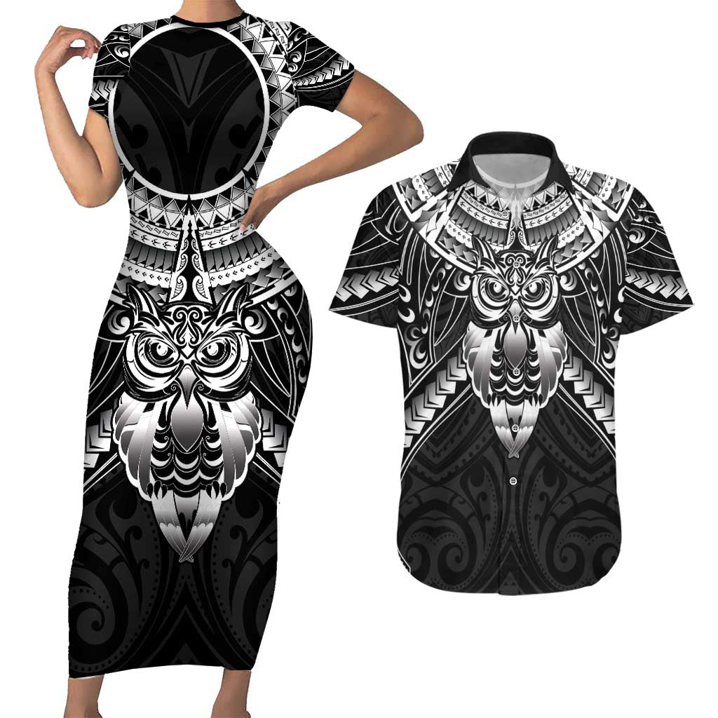 New Zealand Morepork Couples Matching Short Sleeve Bodycon Dress and Hawaiian Shirt Maori Pattern Black