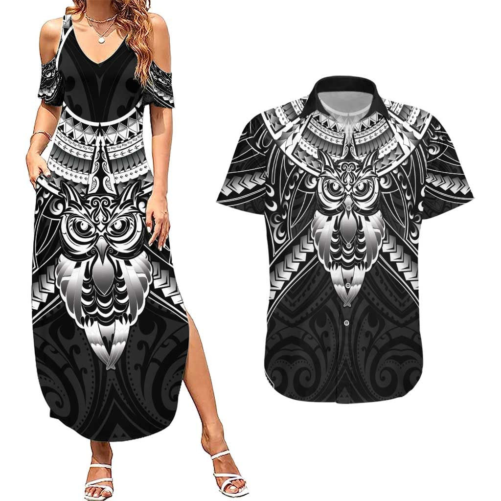 New Zealand Morepork Couples Matching Summer Maxi Dress and Hawaiian Shirt Maori Pattern Black LT05 Black - Polynesian Pride