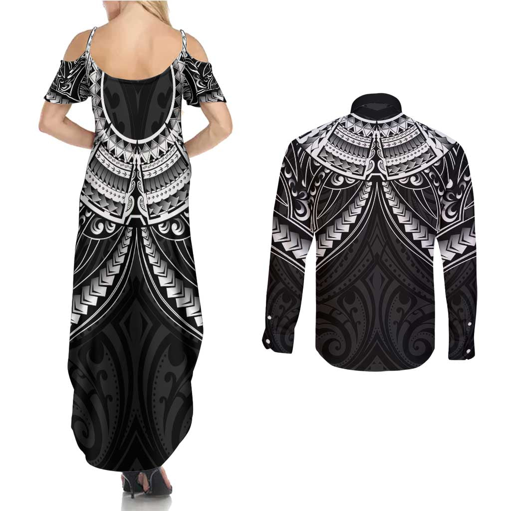 New Zealand Morepork Couples Matching Summer Maxi Dress and Long Sleeve Button Shirt Maori Pattern Black LT05 - Polynesian Pride
