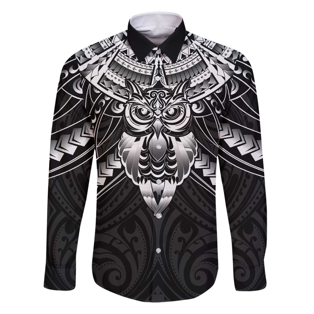 New Zealand Morepork Family Matching Long Sleeve Bodycon Dress and Hawaiian Shirt Maori Pattern Black