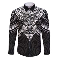 New Zealand Morepork Family Matching Short Sleeve Bodycon Dress and Hawaiian Shirt Maori Pattern Black LT05 Dad's Shirt - Long Sleeve Black - Polynesian Pride