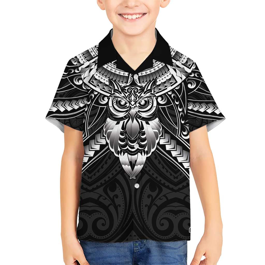 New Zealand Morepork Family Matching Short Sleeve Bodycon Dress and Hawaiian Shirt Maori Pattern Black LT05 Son's Shirt Black - Polynesian Pride