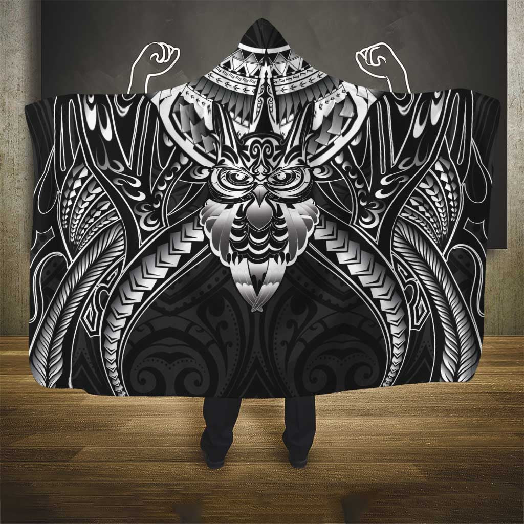New Zealand Morepork Hooded Blanket Maori Pattern Black
