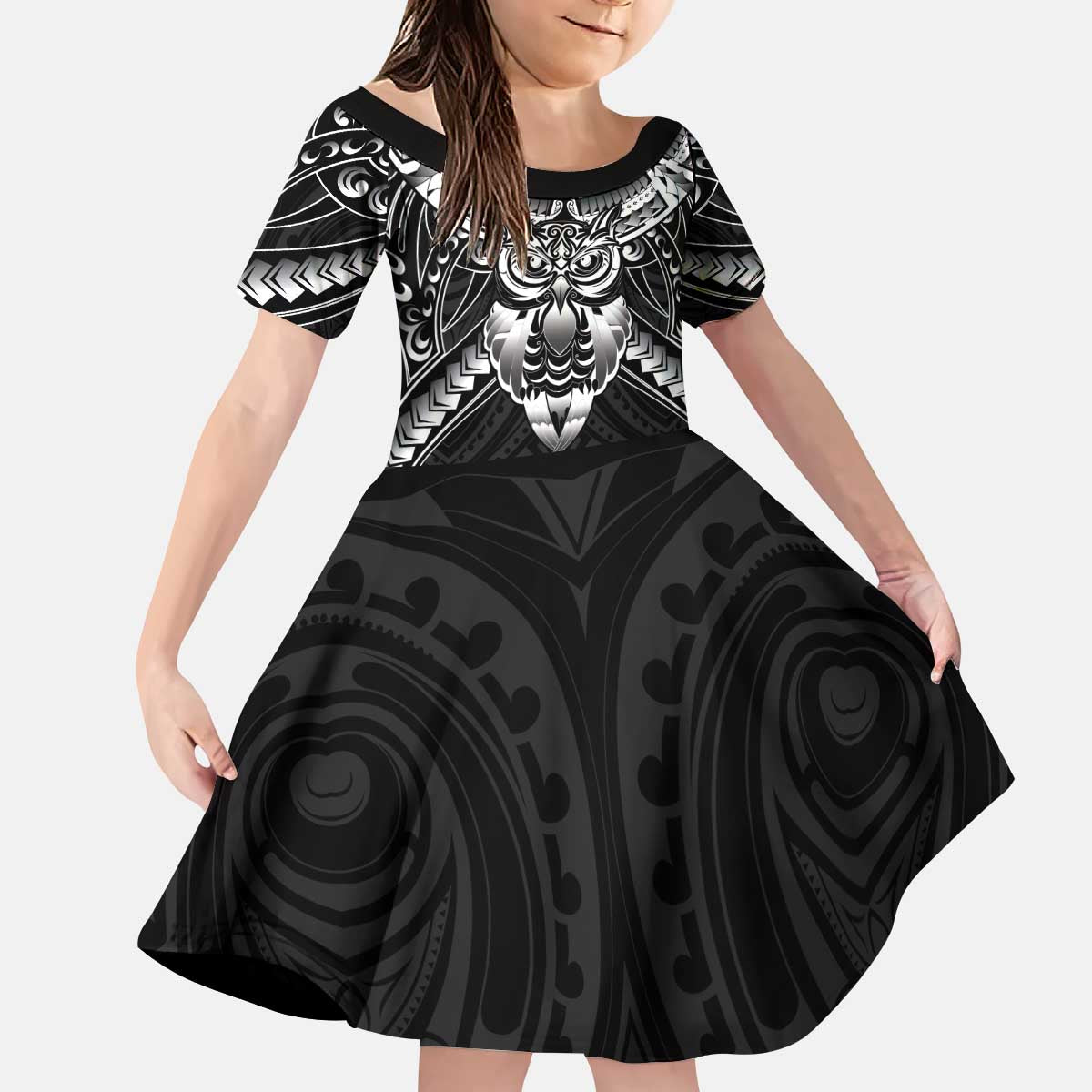 New Zealand Morepork Kid Short Sleeve Dress Maori Pattern Black