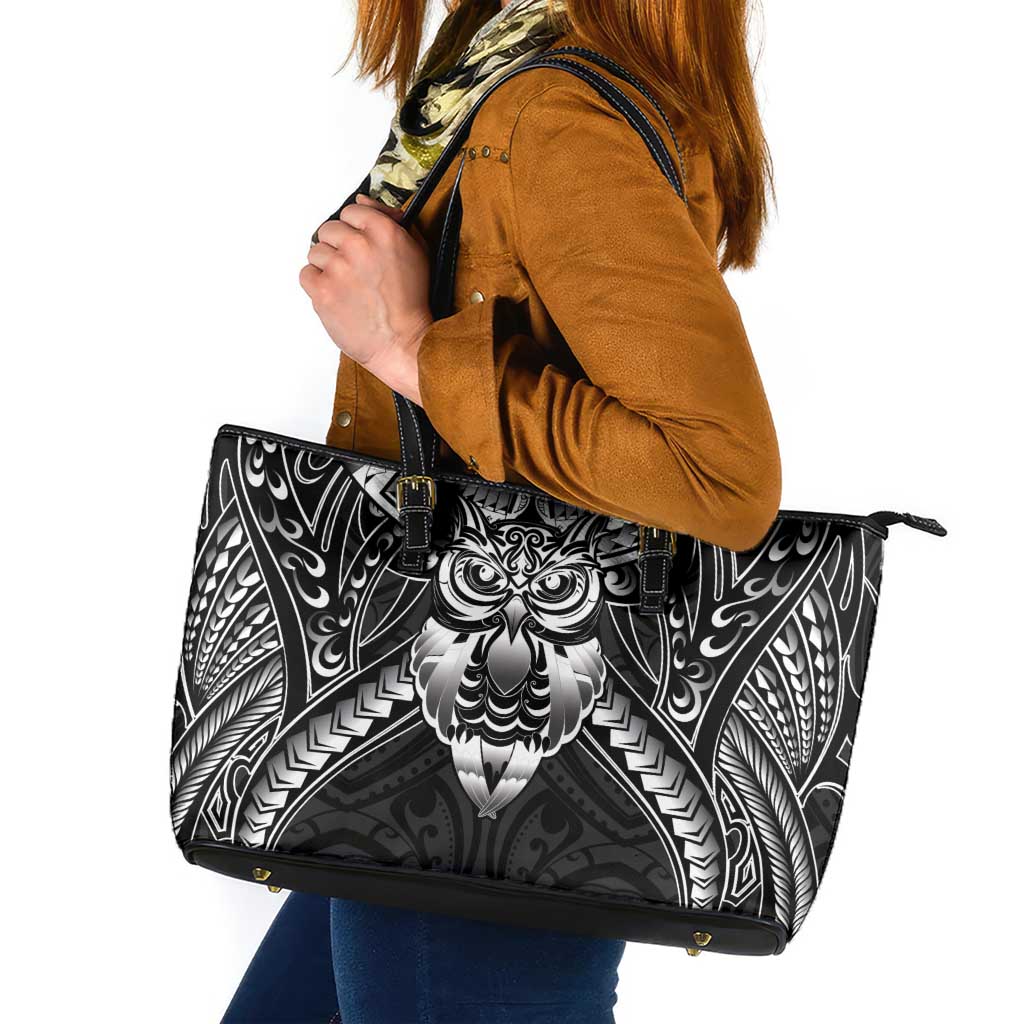 New Zealand Morepork Leather Tote Bag Maori Pattern Black