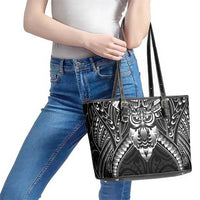 New Zealand Morepork Leather Tote Bag Maori Pattern Black