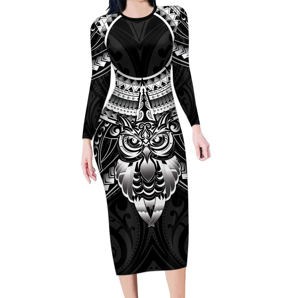 New Zealand Morepork Long Sleeve Bodycon Dress Maori Pattern Black