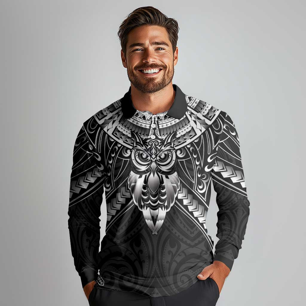 New Zealand Morepork Long Sleeve Polo Shirt Maori Pattern Black