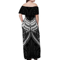 New Zealand Morepork Off Shoulder Maxi Dress Maori Pattern Black