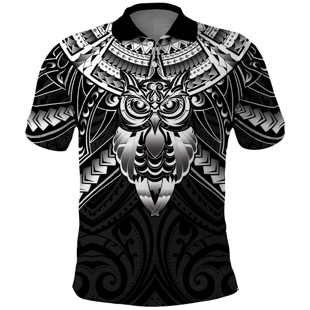 New Zealand Morepork Polo Shirt Maori Pattern Black