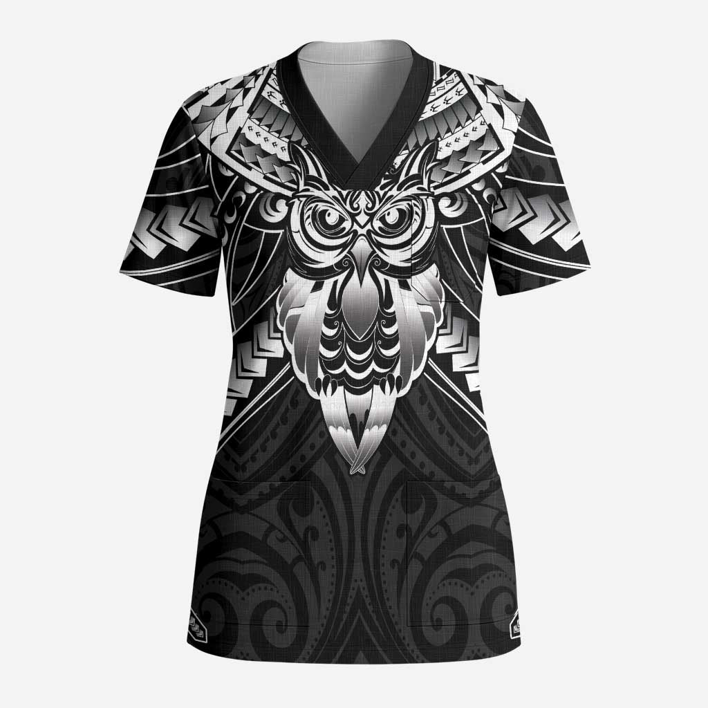 New Zealand Morepork Scrub Top Maori Pattern Black - Polynesian Pride