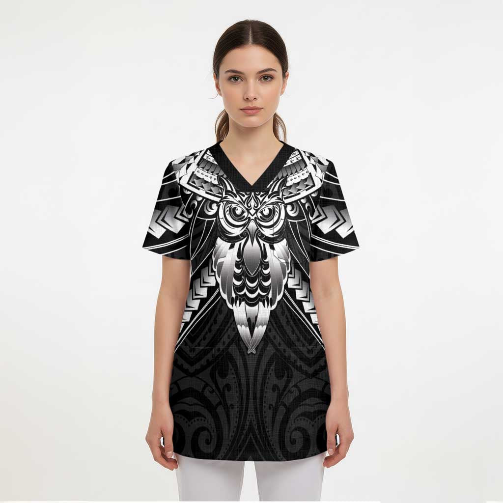 New Zealand Morepork Scrub Top Maori Pattern Black - Polynesian Pride