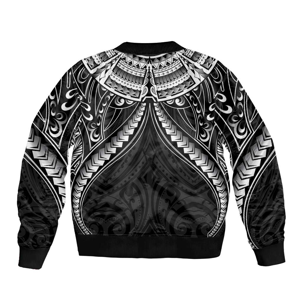 New Zealand Morepork Sleeve Zip Bomber Jacket Maori Pattern Black