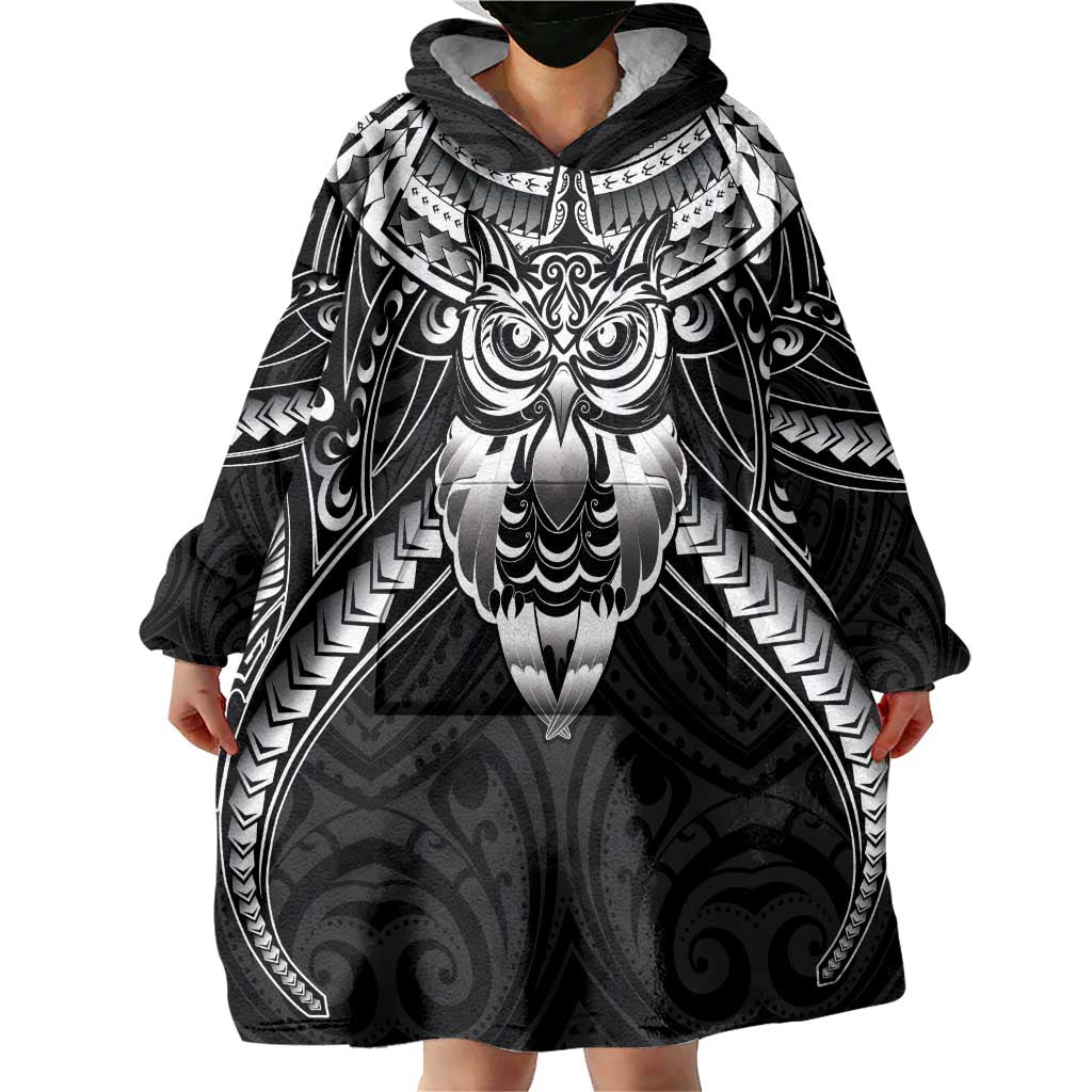 New Zealand Morepork Wearable Blanket Hoodie Maori Pattern Black