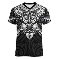 New Zealand Morepork Women V-Neck T-Shirt Maori Pattern Black