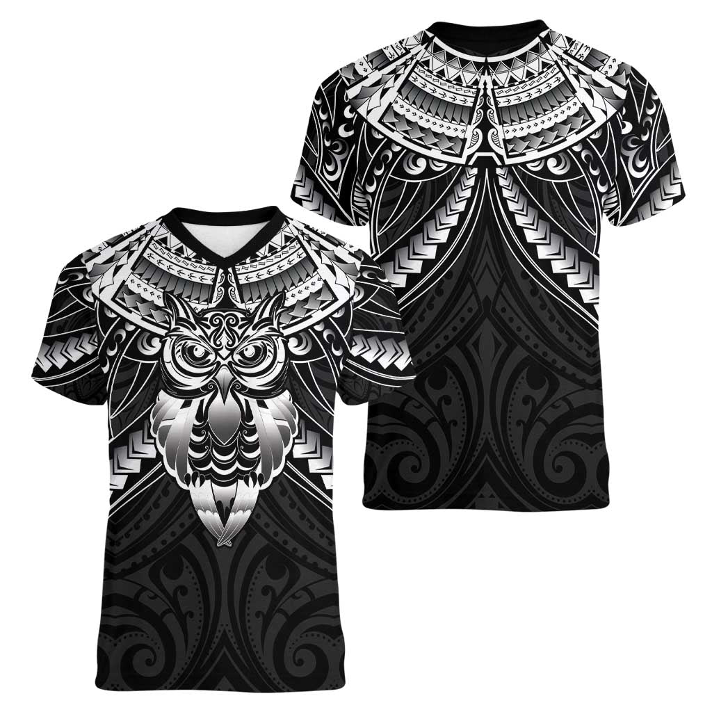 New Zealand Morepork Women V-Neck T-Shirt Maori Pattern Black