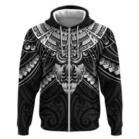 New Zealand Morepork Zip Hoodie Maori Pattern Black LT05 Zip Hoodie Black - Polynesian Pride