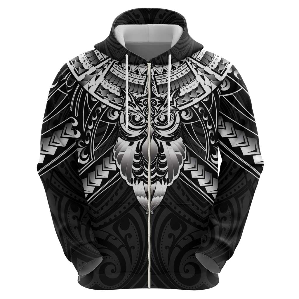 New Zealand Morepork Zip Hoodie Maori Pattern Black LT05 - Polynesian Pride