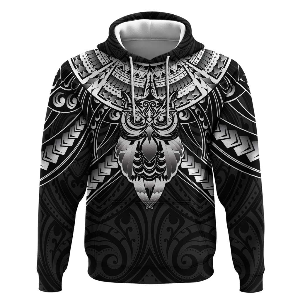 New Zealand Morepork Zip Hoodie Maori Pattern Black LT05 Pullover Hoodie Black - Polynesian Pride