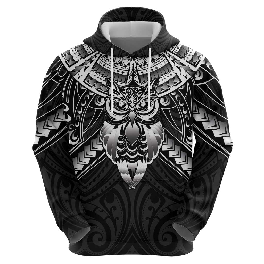 New Zealand Morepork Zip Hoodie Maori Pattern Black LT05 - Polynesian Pride