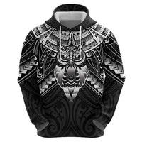 New Zealand Morepork Zip Hoodie Maori Pattern Black LT05 - Polynesian Pride