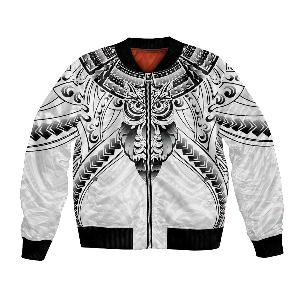 New Zealand Morepork Bomber Jacket Maori Pattern White