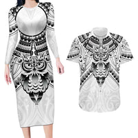 New Zealand Morepork Couples Matching Long Sleeve Bodycon Dress and Hawaiian Shirt Maori Pattern White