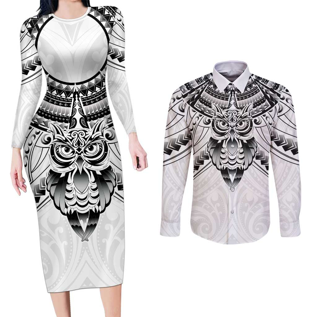 New Zealand Morepork Couples Matching Long Sleeve Bodycon Dress and Long Sleeve Button Shirt Maori Pattern White