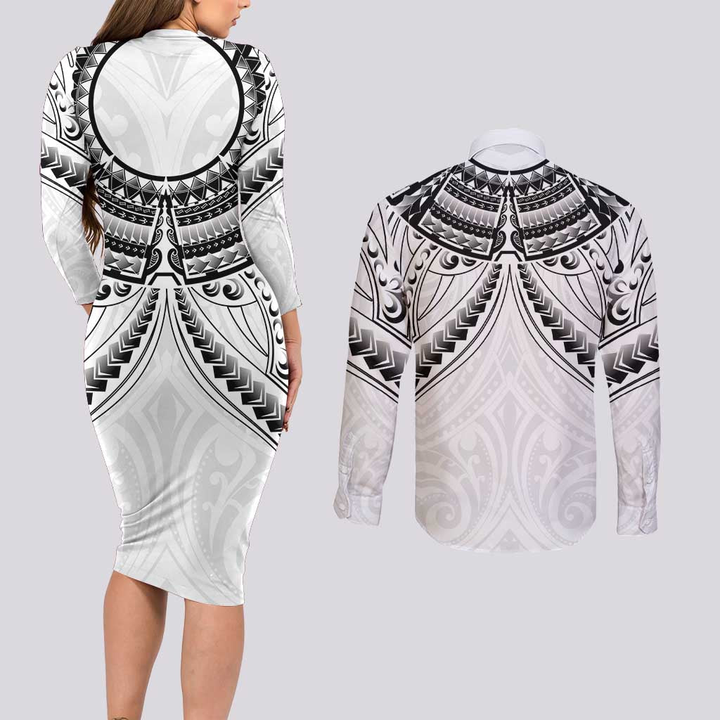 New Zealand Morepork Couples Matching Long Sleeve Bodycon Dress and Long Sleeve Button Shirt Maori Pattern White