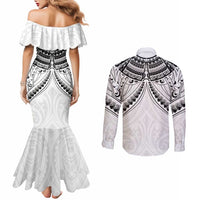 New Zealand Morepork Couples Matching Mermaid Dress and Long Sleeve Button Shirt Maori Pattern White