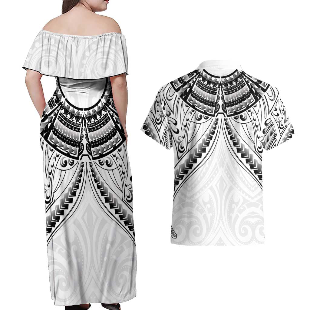 New Zealand Morepork Couples Matching Off Shoulder Maxi Dress and Hawaiian Shirt Maori Pattern White