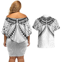 New Zealand Morepork Couples Matching Off Shoulder Short Dress and Hawaiian Shirt Maori Pattern White