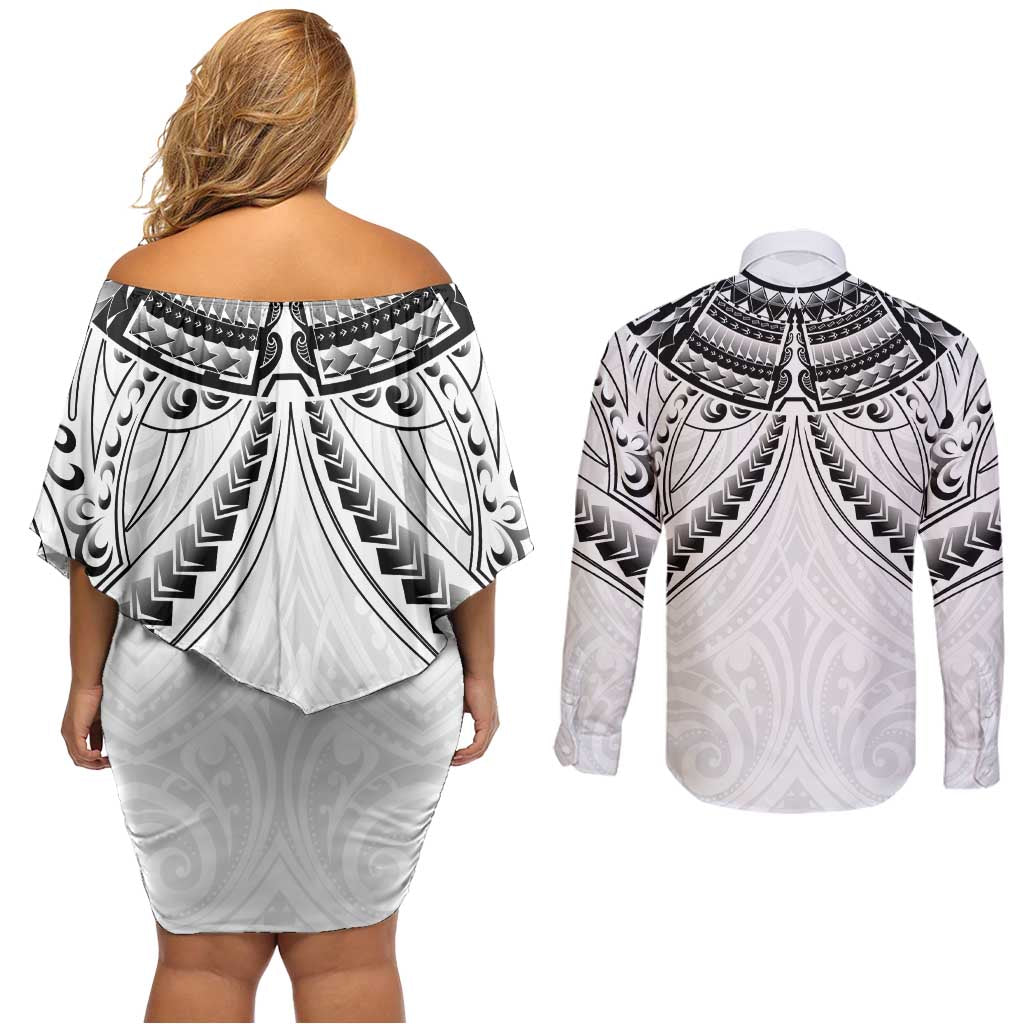 New Zealand Morepork Couples Matching Off Shoulder Short Dress and Long Sleeve Button Shirt Maori Pattern White
