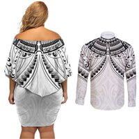 New Zealand Morepork Couples Matching Off Shoulder Short Dress and Long Sleeve Button Shirt Maori Pattern White