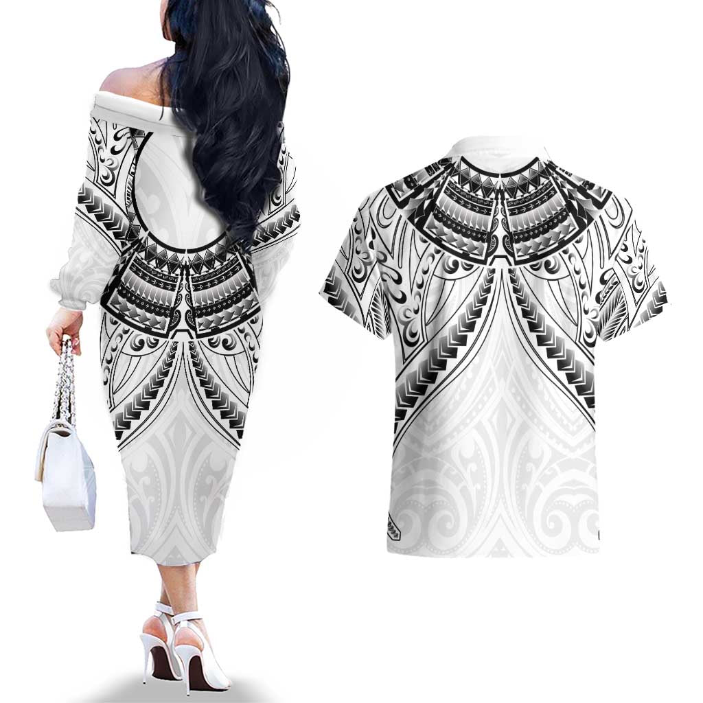 New Zealand Morepork Couples Matching Off The Shoulder Long Sleeve Dress and Hawaiian Shirt Maori Pattern White