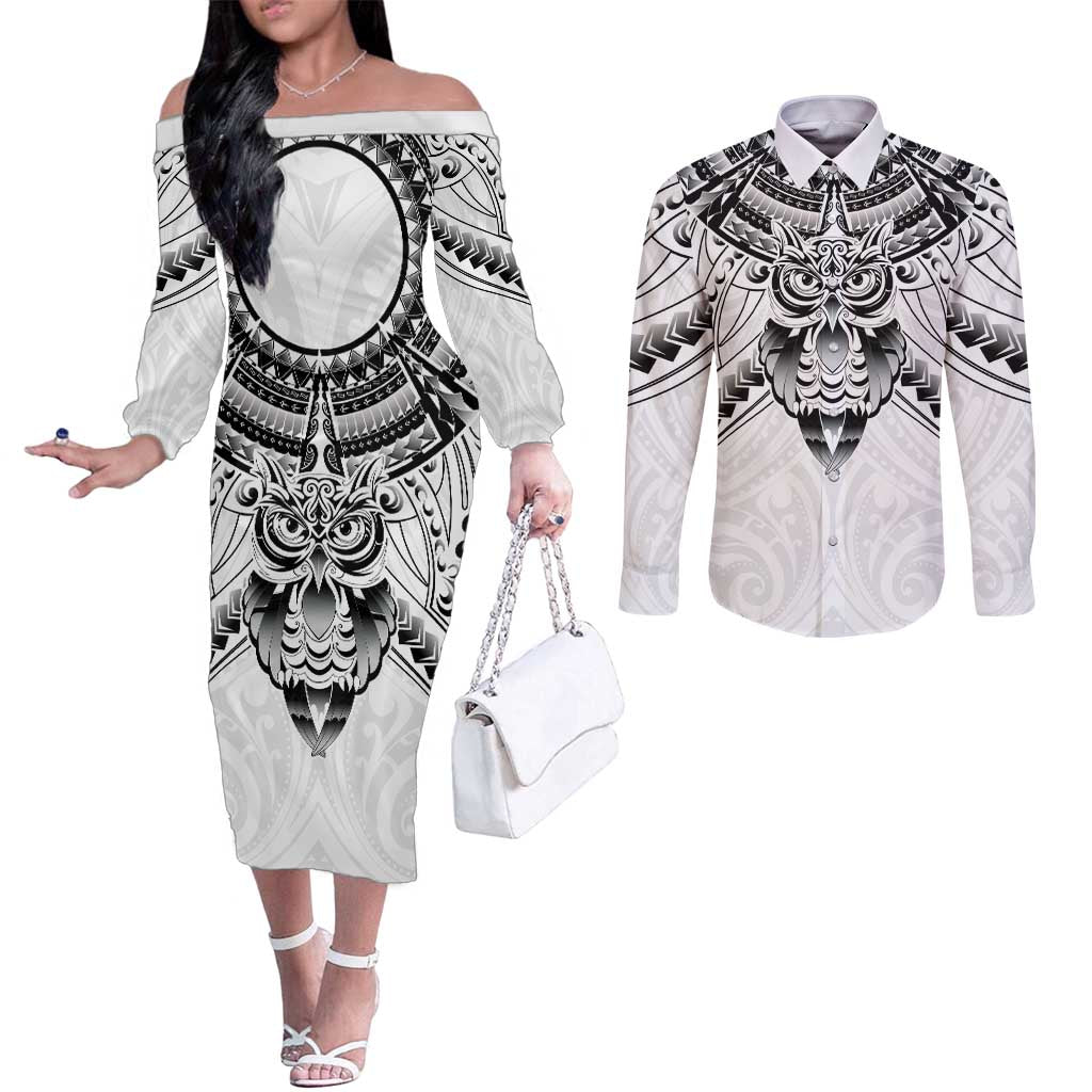 New Zealand Morepork Couples Matching Off The Shoulder Long Sleeve Dress and Long Sleeve Button Shirt Maori Pattern White
