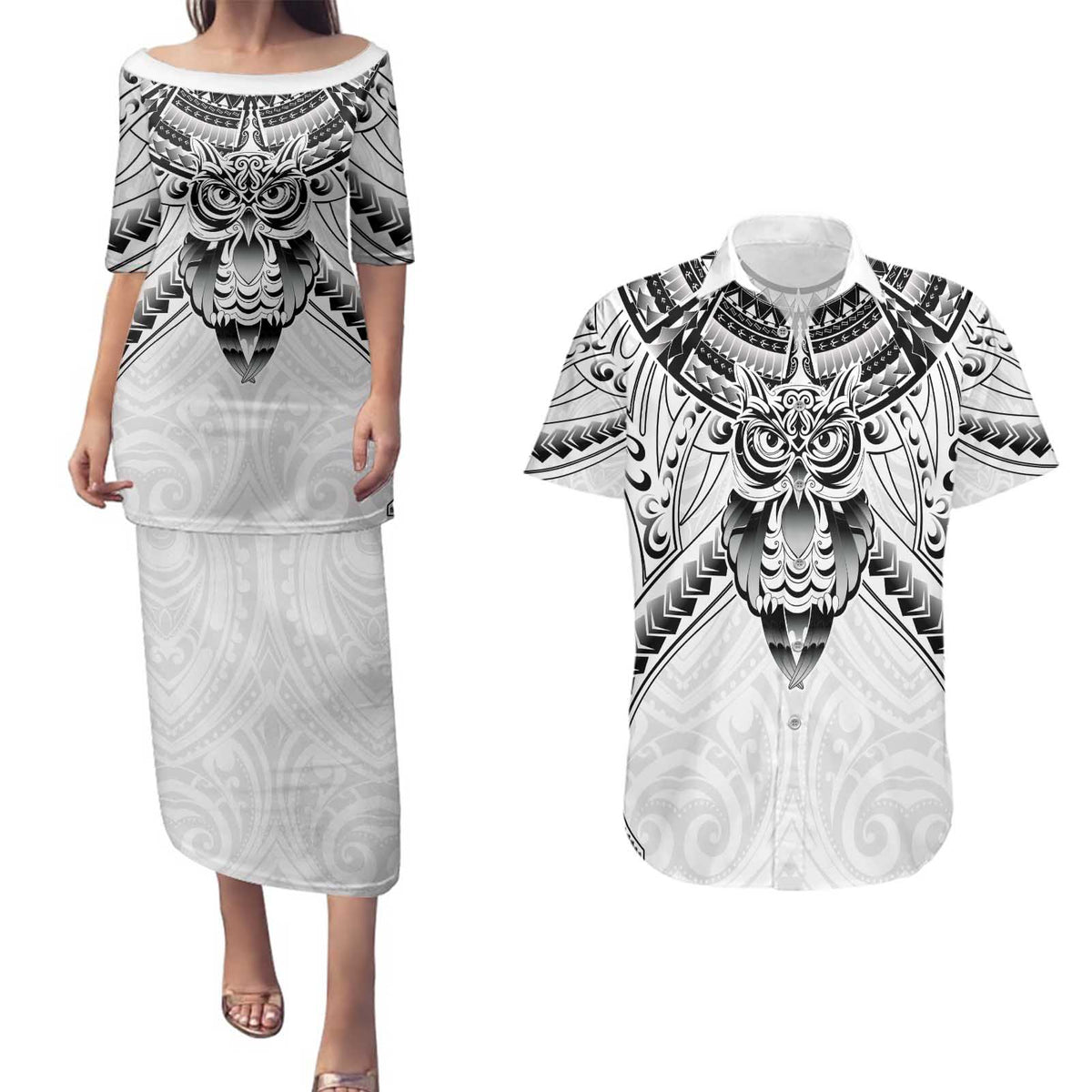 New Zealand Morepork Couples Matching Puletasi and Hawaiian Shirt Maori Pattern White