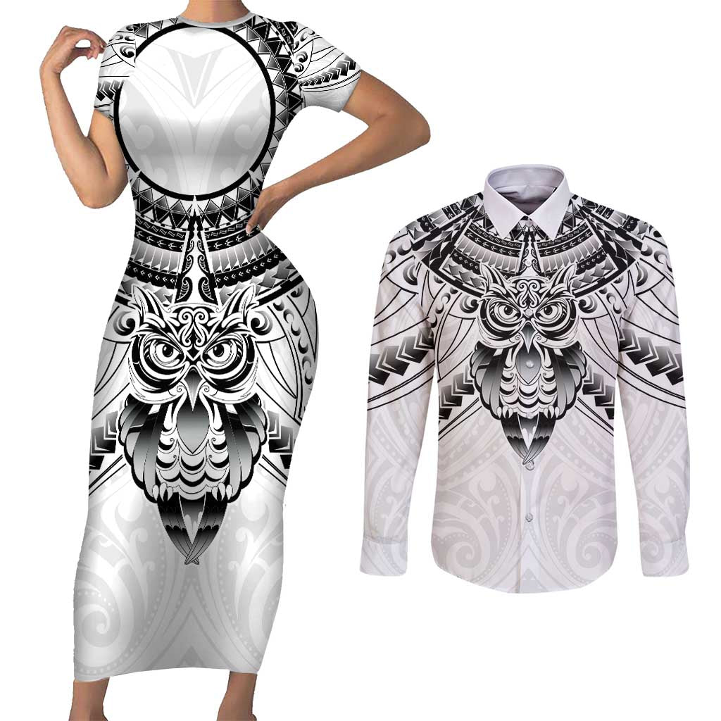 New Zealand Morepork Couples Matching Short Sleeve Bodycon Dress and Long Sleeve Button Shirt Maori Pattern White