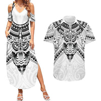 New Zealand Morepork Couples Matching Summer Maxi Dress and Hawaiian Shirt Maori Pattern White