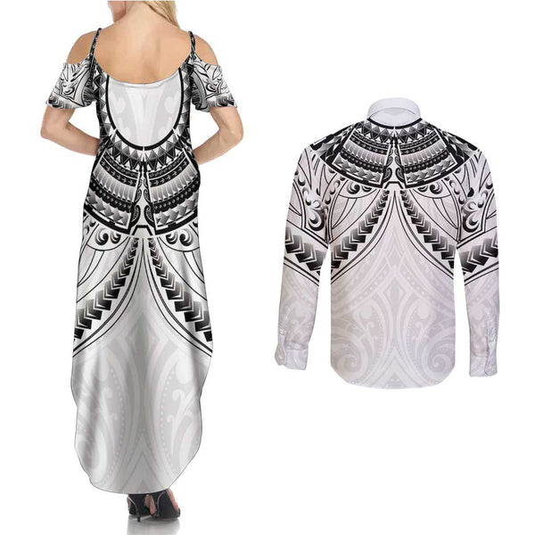 Polynesian Couples Matching Summer Maxi Dress and Long Sleeve Button Shirts Dog Lover With Samoyed - Sunset At The Beach Brown Ver LT7