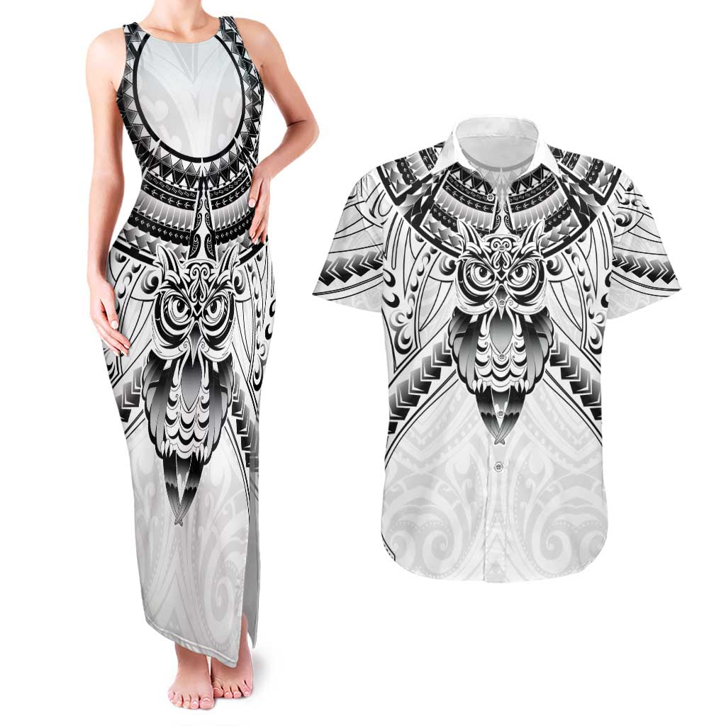 New Zealand Morepork Couples Matching Tank Maxi Dress and Hawaiian Shirt Maori Pattern White