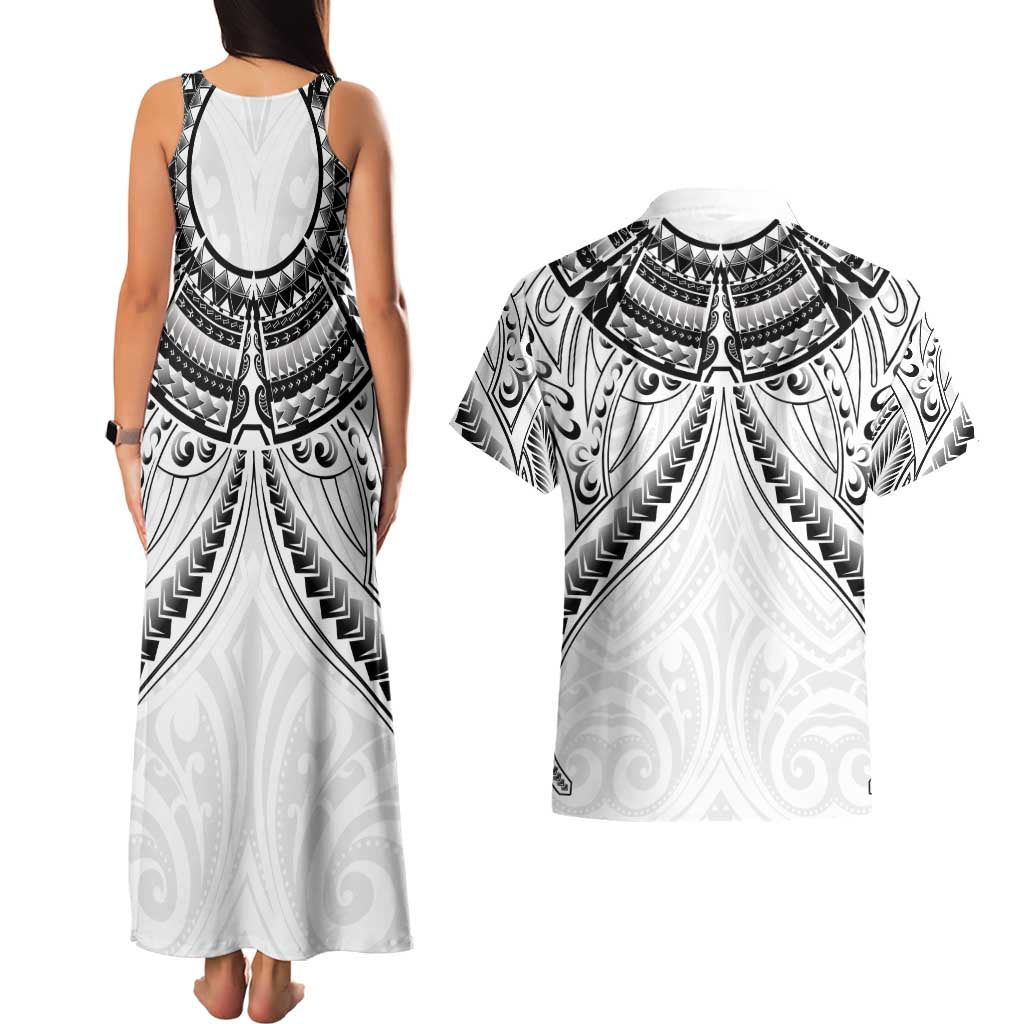 New Zealand Morepork Couples Matching Tank Maxi Dress and Hawaiian Shirt Maori Pattern White