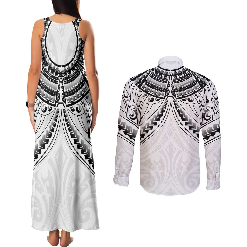 New Zealand Morepork Couples Matching Tank Maxi Dress and Long Sleeve Button Shirt Maori Pattern White