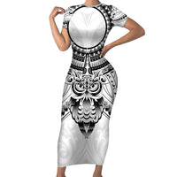 New Zealand Morepork Family Matching Short Sleeve Bodycon Dress and Hawaiian Shirt Maori Pattern White