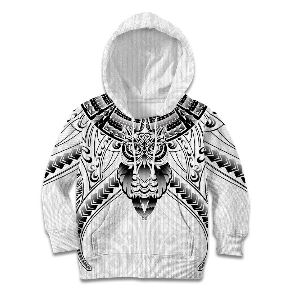 New Zealand Morepork Kid Hoodie Maori Pattern White