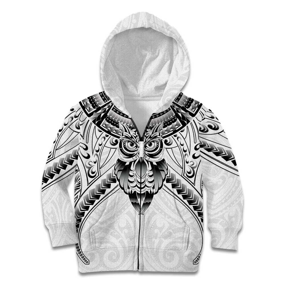 New Zealand Morepork Kid Hoodie Maori Pattern White