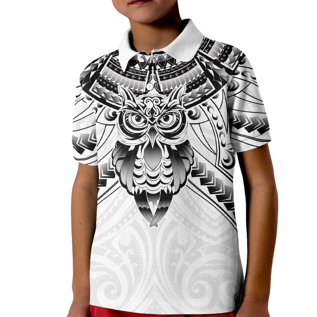 New Zealand Morepork Kid Polo Shirt Maori Pattern White