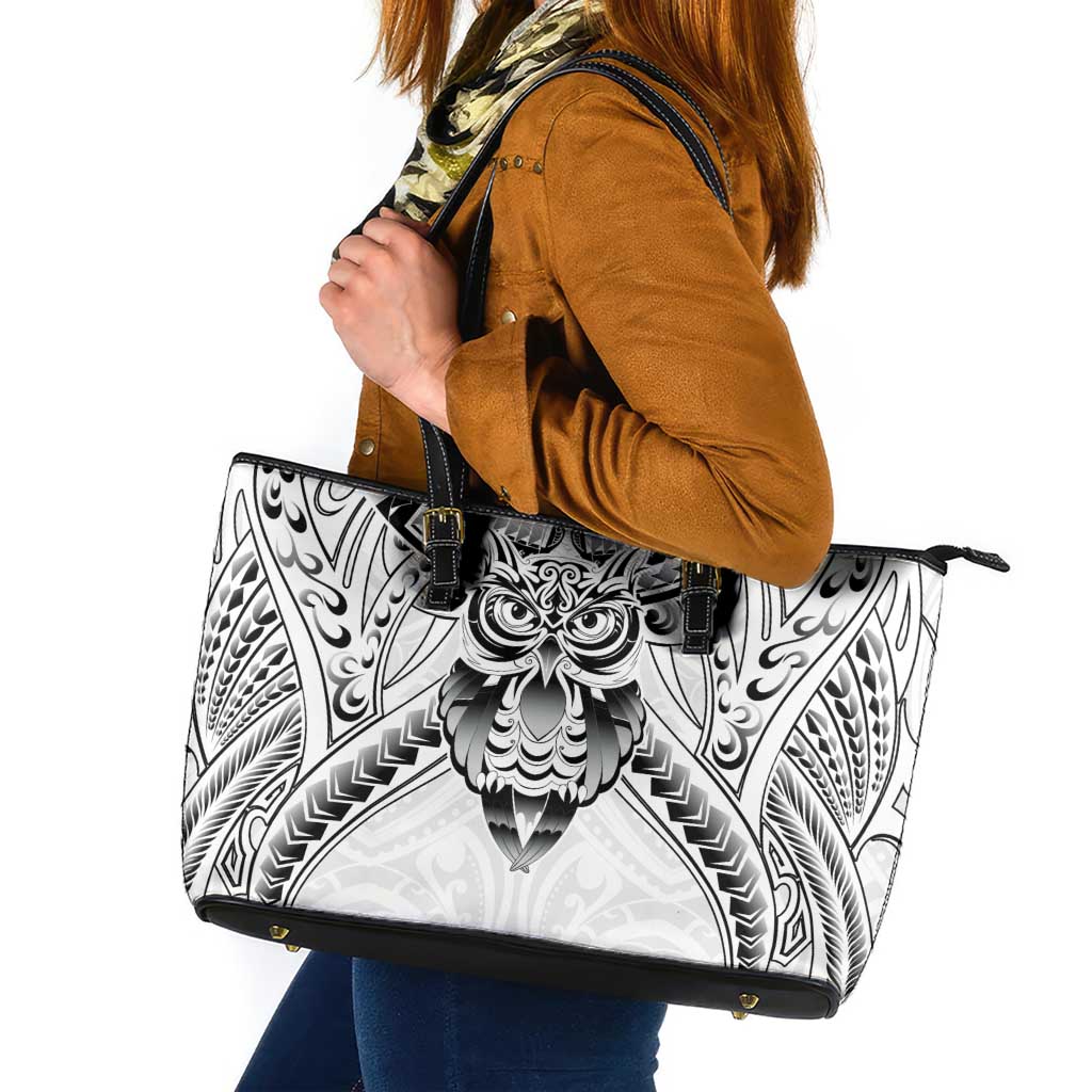 New Zealand Morepork Leather Tote Bag Maori Pattern White LT05 White - Polynesian Pride