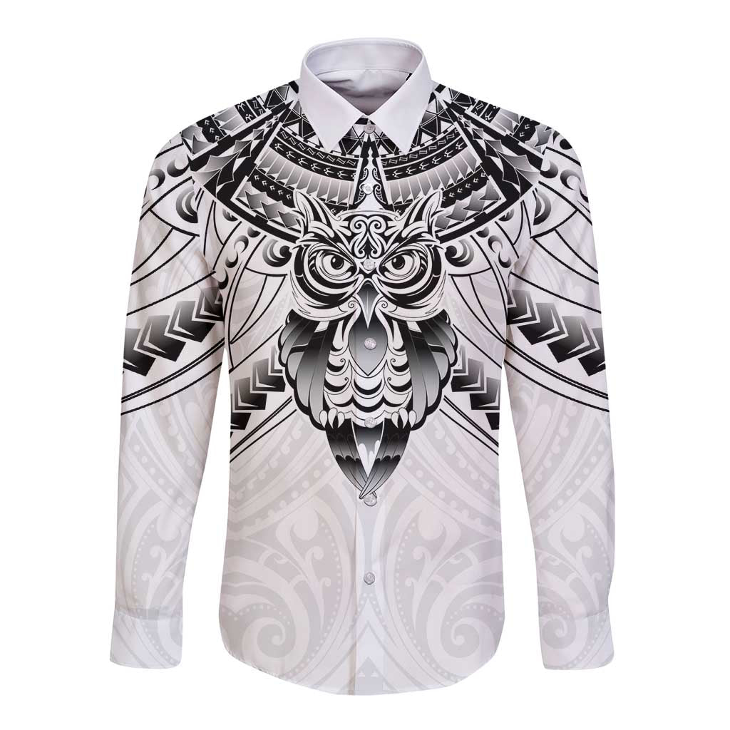 New Zealand Morepork Long Sleeve Button Shirt Maori Pattern White LT05 Unisex White - Polynesian Pride