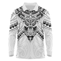 New Zealand Morepork Long Sleeve Polo Shirt Maori Pattern White